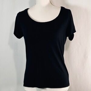 Solid Black Scoop Neck Short Sleeve Top with Pleated Neckline Detail Womens S